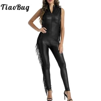 womens patent leather sleeveless zipper full bodysuit clubwear black sexy tassel stage dance bodysuit catsuit