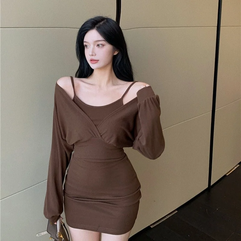

Fake Two-piece Suspender Dress Women's Autumn and Winter New Skirt Waist-controlled Slimming Sheath Long Sleeve