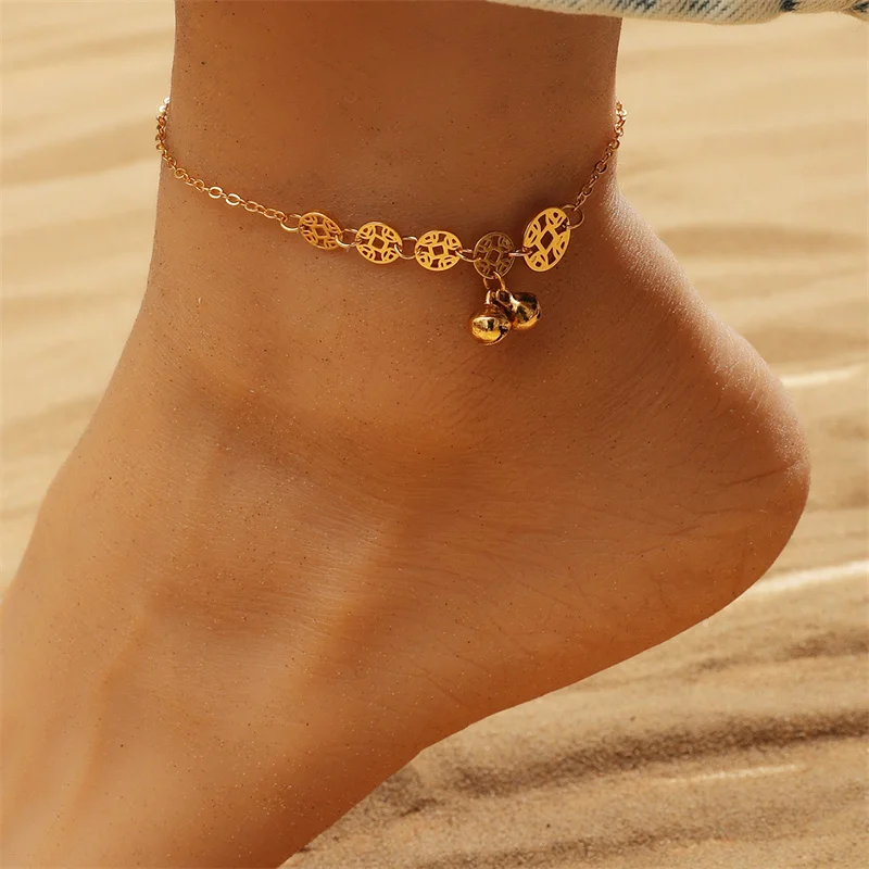 

Kpop Simple Round Bead Copper Coin Anklet Metal Bell Hollow Pendant Foot Ornament Vintage Summer Accessories Female
