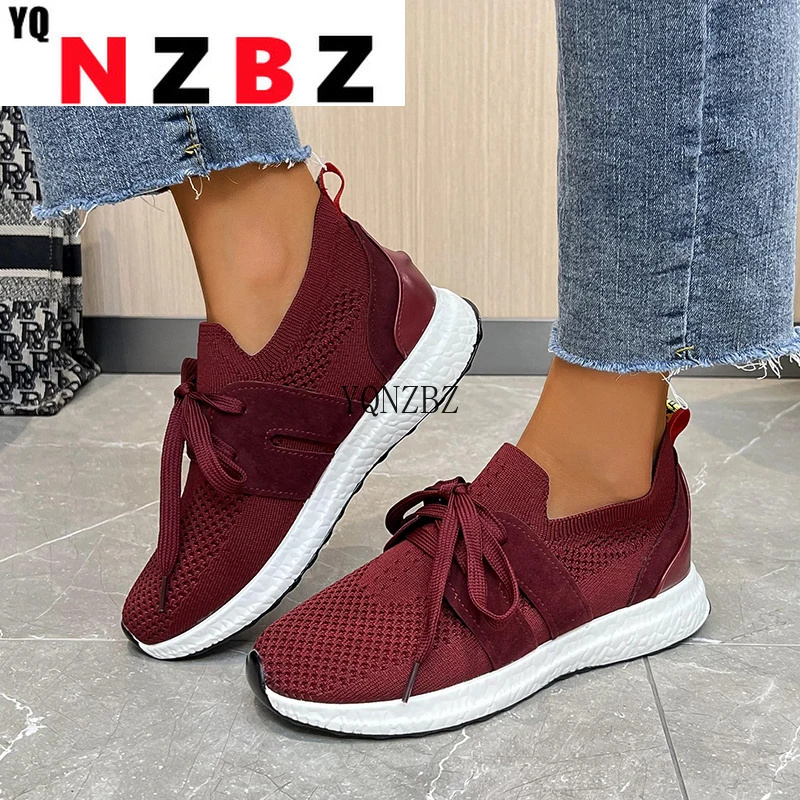 

High Quality Kintted Loafers Shoes Woman Lace Up Casual Flat Shoes Femme White Breathable Mules Comfy Walking Ladies Flat Shoes