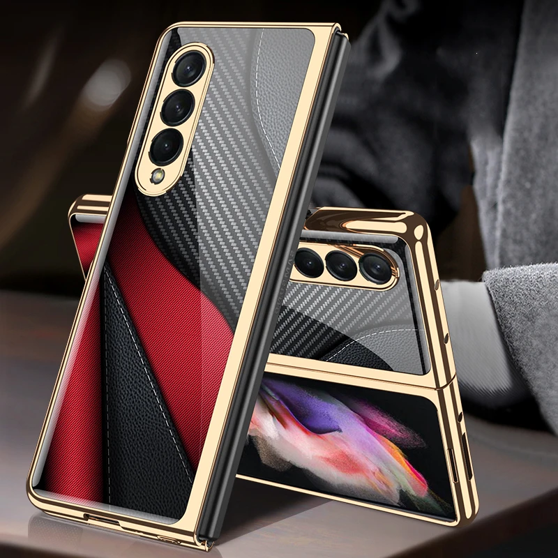 Mystery Black Pattern Tempered Glass Case For Samsung Galaxy Z Fold4 3 Case Plating Bumper Hard Back Cover For Galaxy Z Fold 4
