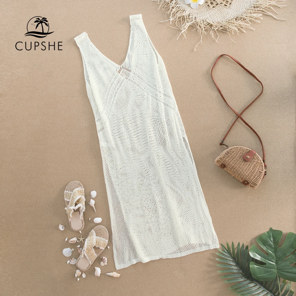 cupshe ivory v neck hollow out cover up woman swimsuit sexy side split sleeveless beach midi dress 2021 summer dress beachwear free global shipping