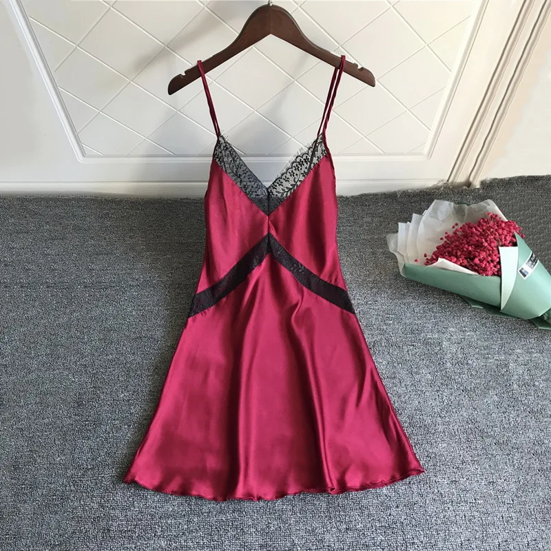 

Sexy Sleepwear Women Lace Silk Satin Night Dress Sleeveless Nighties V-neck Nightgown Plus Size 2XL Nightdress Summer Nightwear