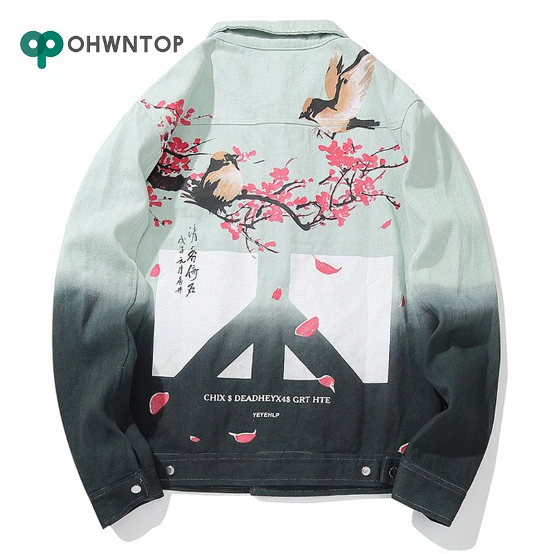 Хип Хоп Уличная джинсовая куртка для мужчин с цветком птичка джинсовое пальто