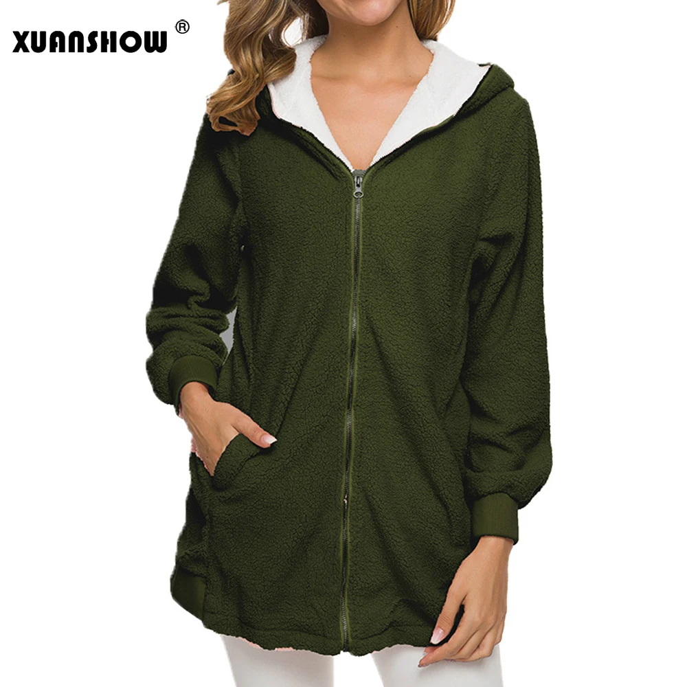 Army Green XUANSHOW негабаритный зима Долго Искусственный мех Женские пальто Стройное Длинный рукав Держать в тепле плюш Флокирование Женские куртки С капюшоном 5XL - Цвет: Army Green