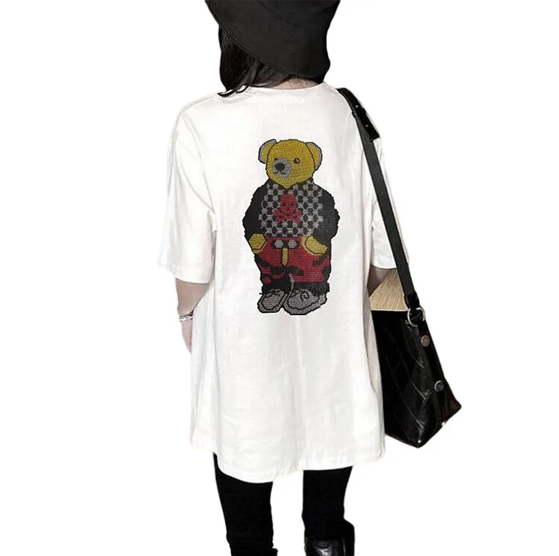 Lovely Hot drill  bear women  Rhinestones tshirt Cartoon  Anime Bear  female Top quality tees Streetwear