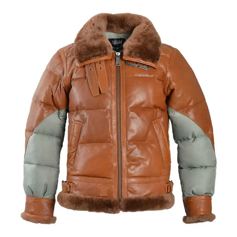 

Классическая летная куртка B3 2021, куртка из натуральной кожи на утином пуху с меховым воротником, сращенное зимнее кожаное пальто, мужская ку...