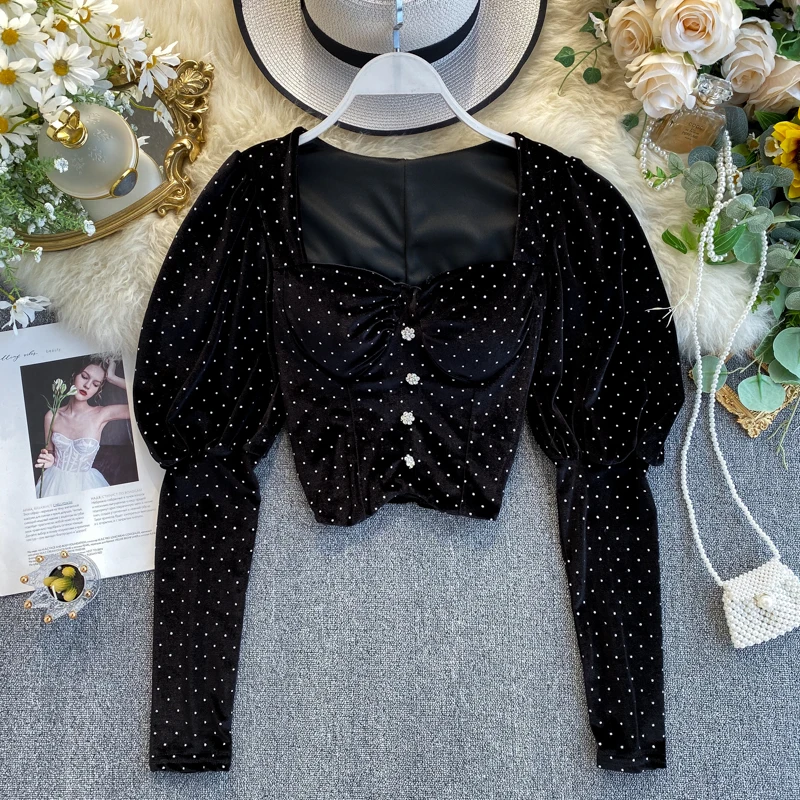 Женские бархатные блузки с длинным рукавом-фонариком роскошные черные короткие