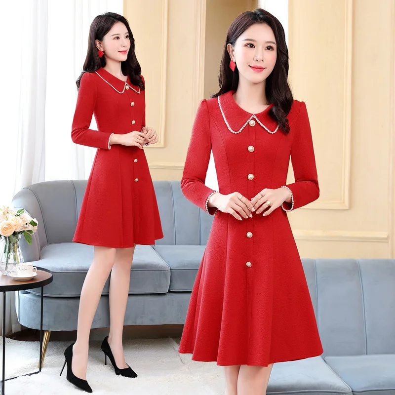 

Женское однобортное платье-трапеция, длинное облегающее однотонное платье с маленькими лацканами, подходящее ко всему, Осень-зима 2021