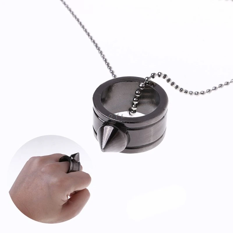 

Tungsten Steel Self Defense Supplies Ring Women Men Safety Survival Finger Ring with Chain Tool