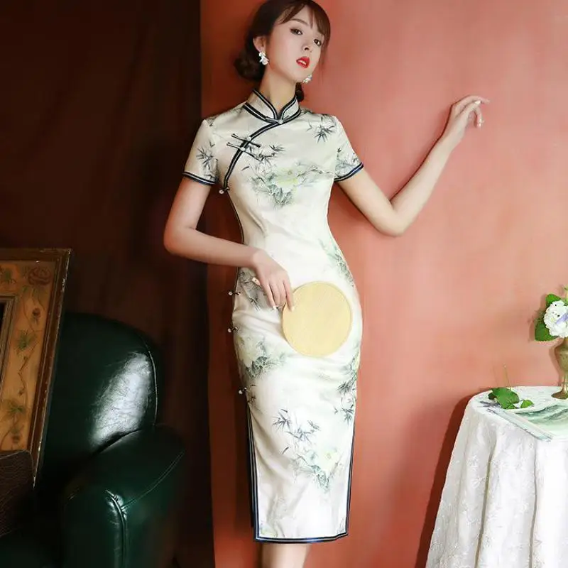 

Женское винтажное платье-Ципао с цветочным принтом, длинное тонкое Хлопковое платье-Ципао, пикантное китайское традиционное платье, размер...