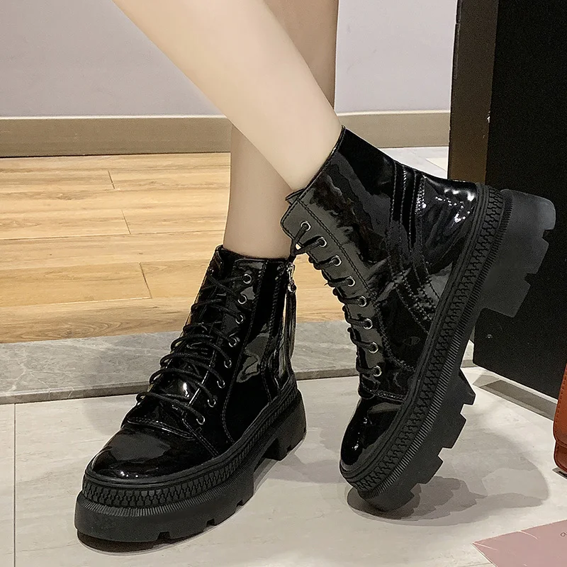 Женские ботильоны из лакированной кожи мотоциклетные ботинки женские на