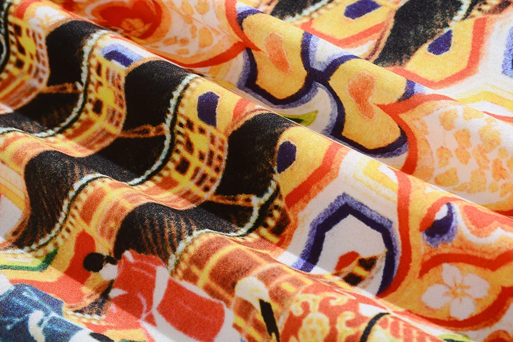 

Women Summer Dress 2020 Contrast Color Turn Down Collar Short Sleeved Orange Vintage Printed Slim A-Line Dress Over The Knees