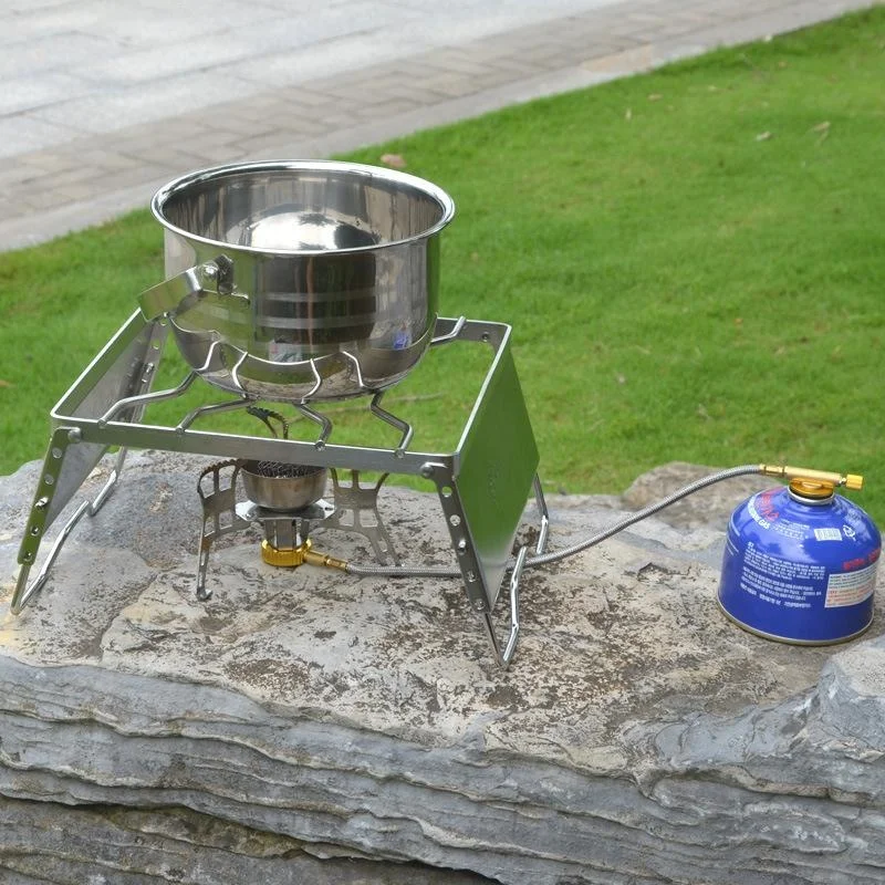 

Stainless Steel Burner Bracket Grill Set Pot Roast Pan Bracket With Windshield Outdoor Windproof Camping Pot Rack Portable