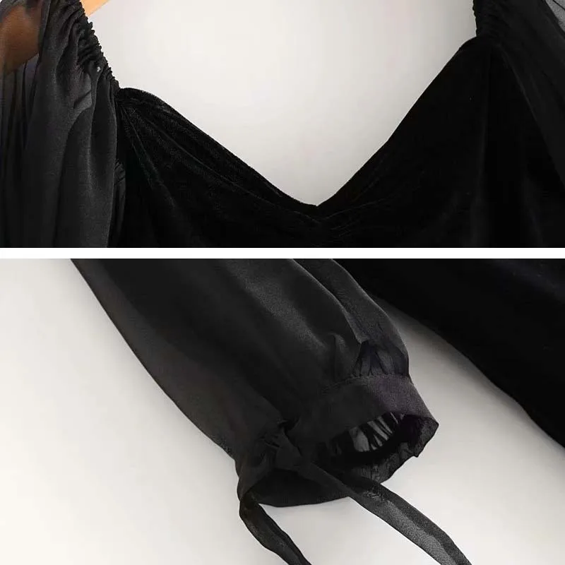 

Vintage Women Velvet Bodysuit Black 2020 Spring Summer Slim Short sleeve Jumpsuit Fashion Organza sleeves with bows INKEO 9J005