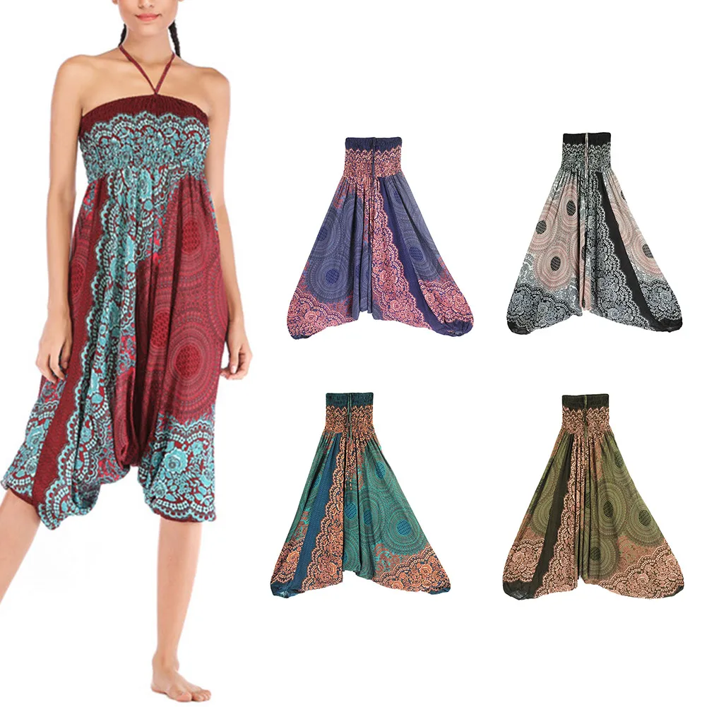 Женские эластичные брюки палаццо с цветочным принтом и высокой талией цельные