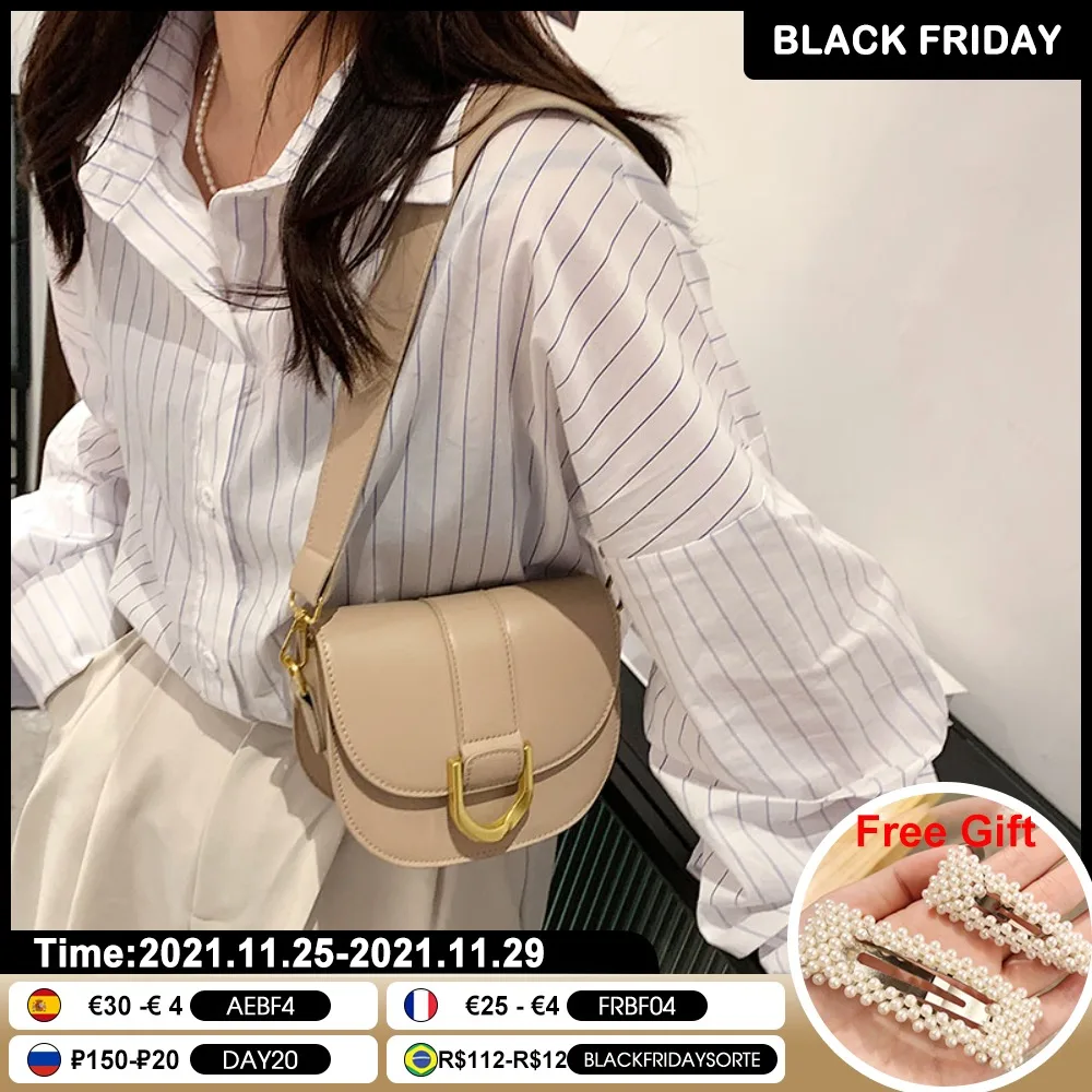 

Vintage PU Leather Saddle Bag For Women Simple Solid Color Shoulder Messenger Bag Female Semicircle Flap Crossbody Handbags