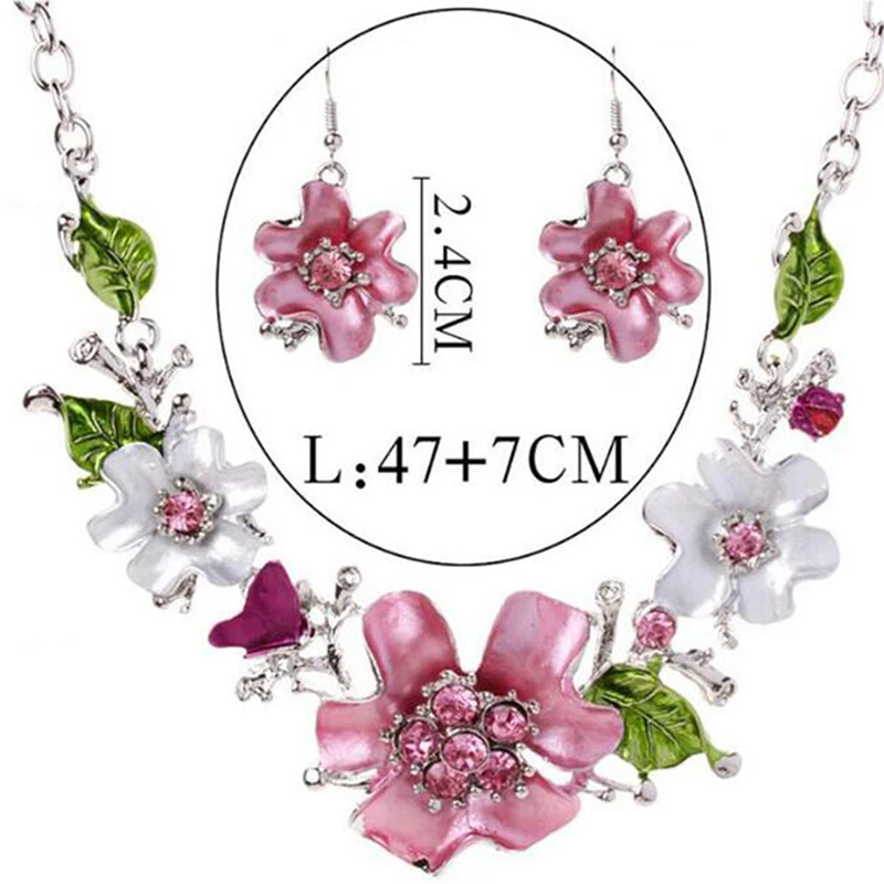 

Fashion Rose Flower Enamel Jewelry Set Flower Gold Color Pink Painting Bridal Jewelry Sets For Women Wedding