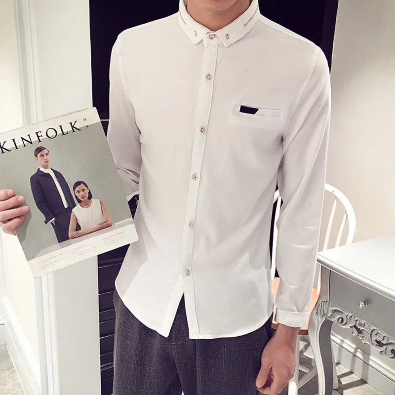 

Spring New Korean Slim Gold Collar Men's Long Sleeve Shirt