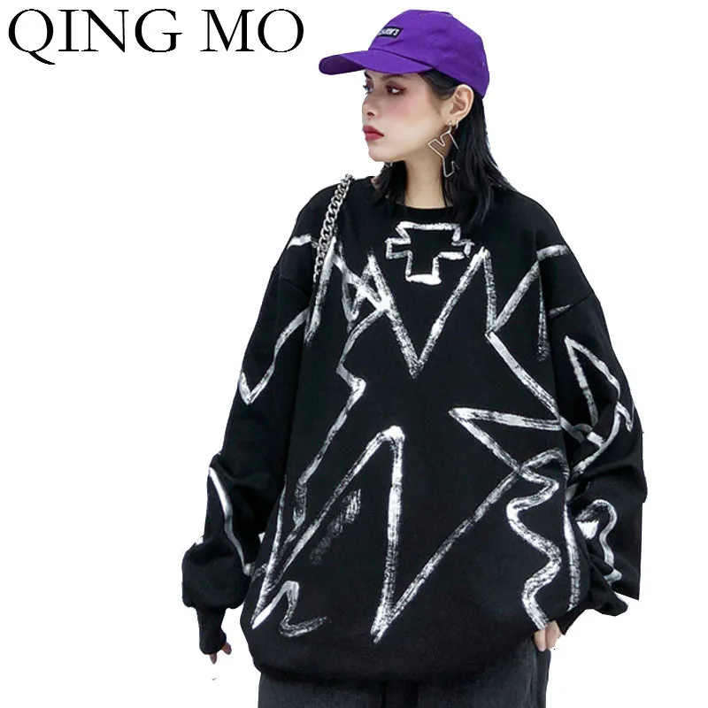 QING MO черный и оранжевый цвет Женская Асимметричная толстовка 2019 с принтом