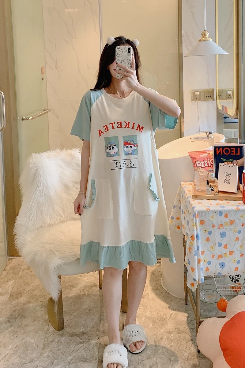 

399# Summer Cartoon Print Cotton Maternity Nursing Night Dress Loose Sleepwear for Pregnant Women Cute Lovely Pregnancy Home