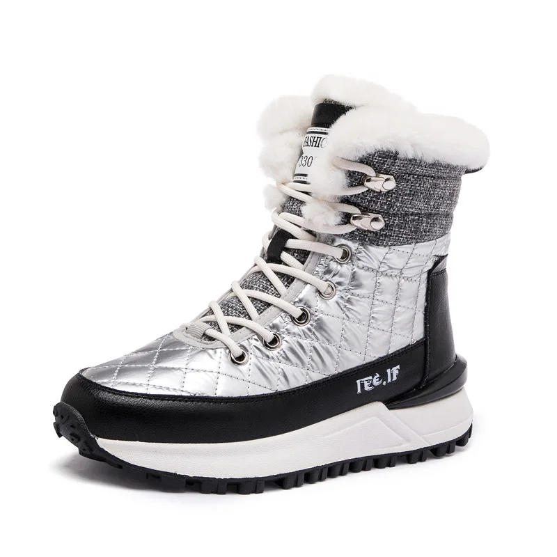 2021 New Winter Snow Boots Thicken Keep Warm Fashion Flat With Boots Lace-up Plush Med (3cm-5cm) Breathable Water Proof Non-slip