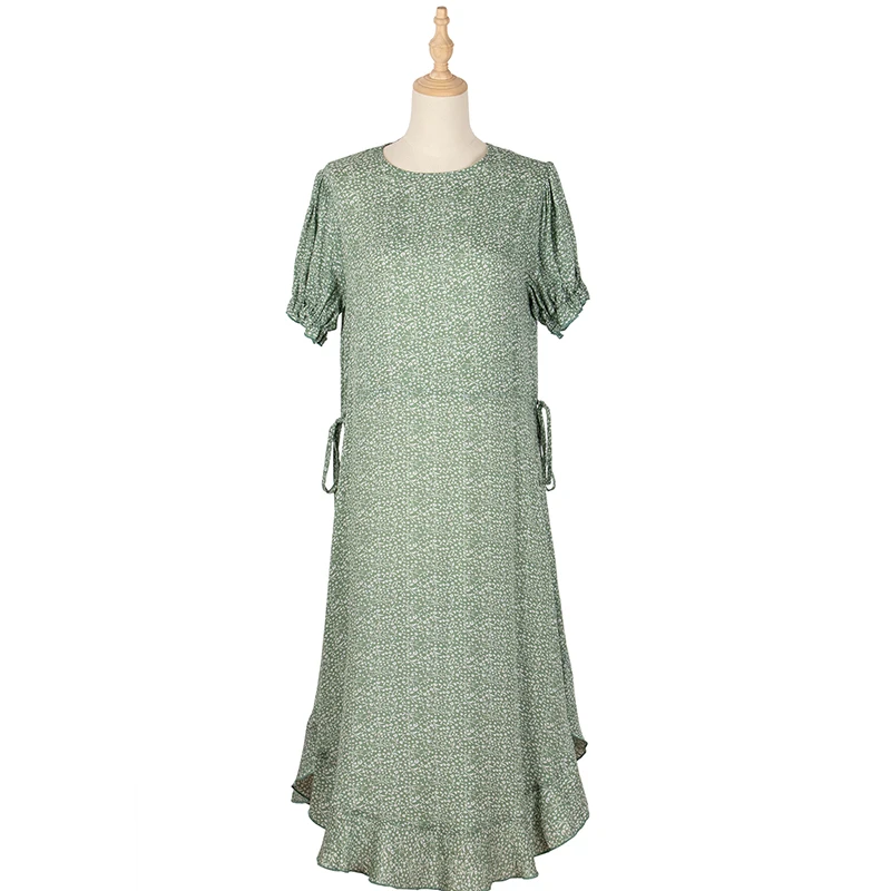 

Summer Women Short Sleeve Floral Dress Casual Loose High Waist O-neck Ruffled Mid Length A-line Ladies Retro Bohemian Dress