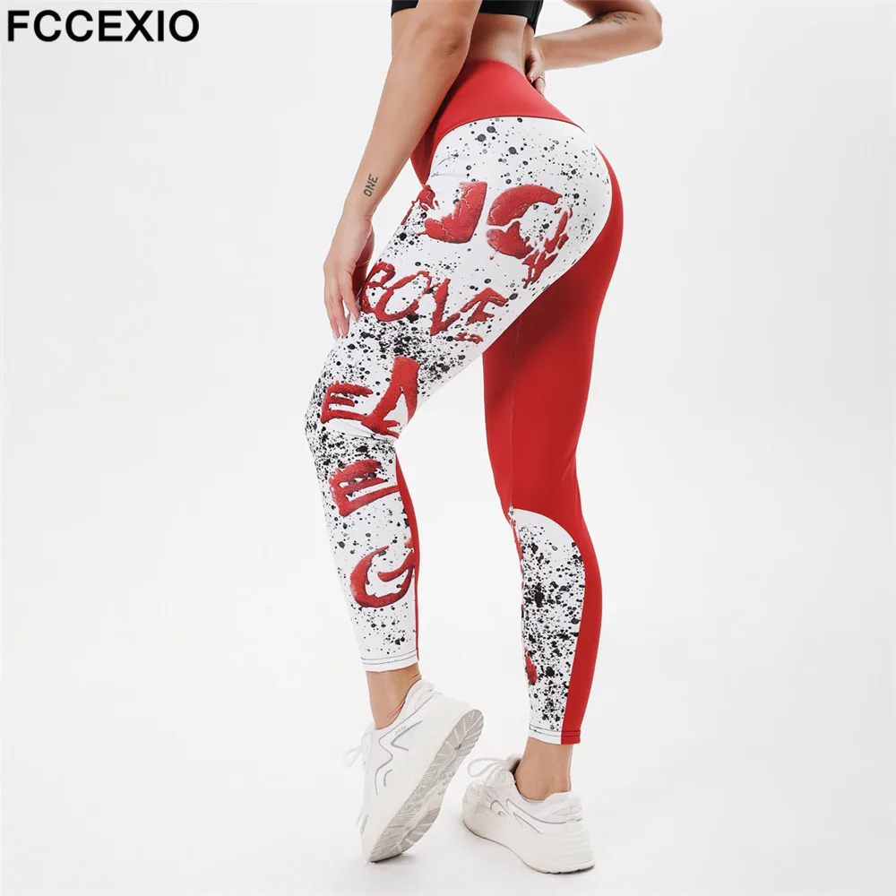 Фото Женские красные леггинсы FCCEXIO модные с абстрактным принтом букв пикантные тонкие