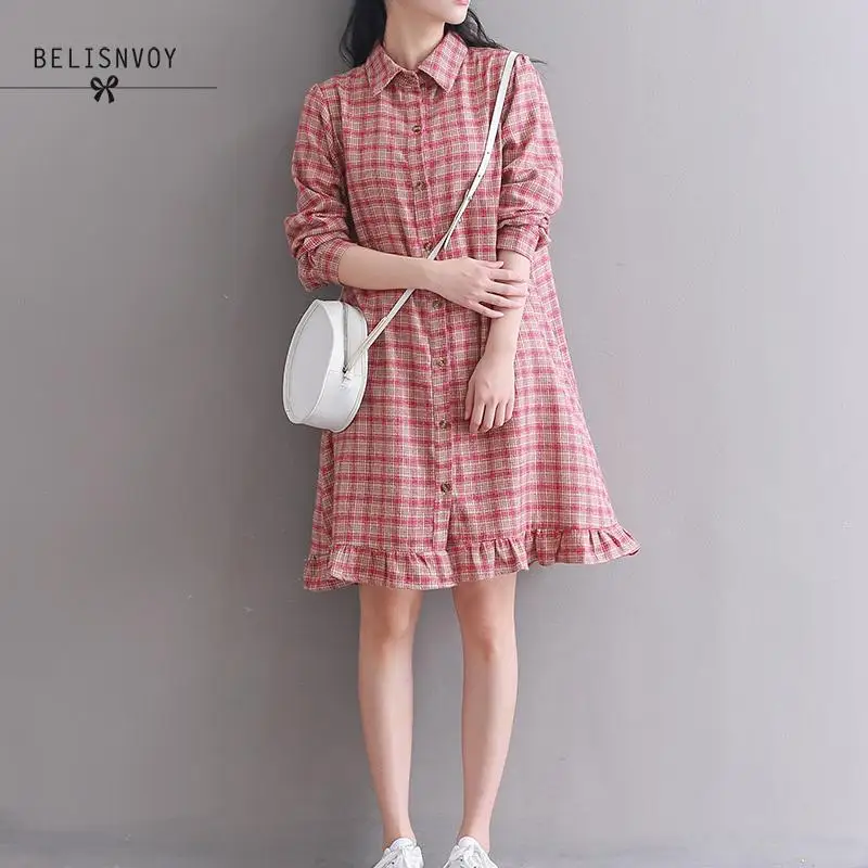 Mori Girl весна осень Kawaii женское мини-платье красное темно-синее винтажное короткое платье в клетку элегантное хлопковое милое платье-рубашка с оборками