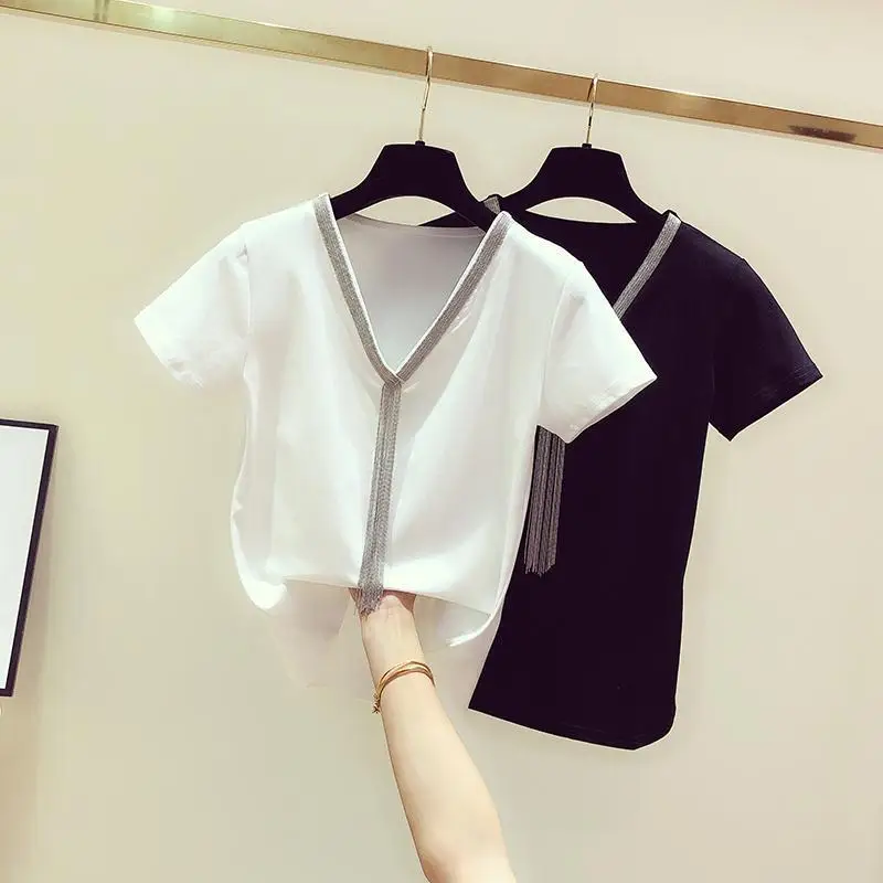 

SuperAen Spring Summer New Fashion Tassel Chain Patchwork V-neck Short Sleeve O Neck T-shirt Women's Casual Slim Top
