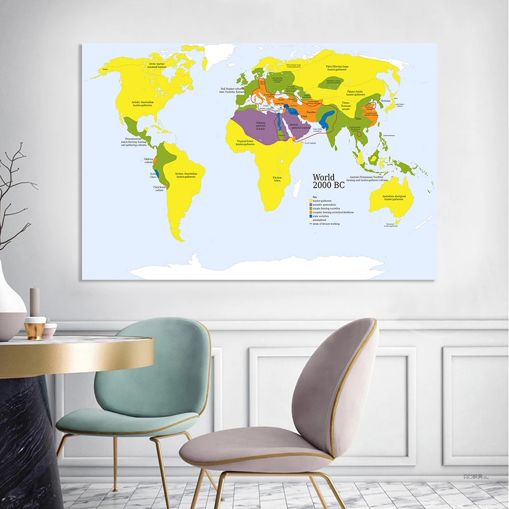 

225*150cm The World Primitive Tribe Map In 2000 BC Non-woven Canvas Painting Detailed Large Poster Home Decor School Supplies