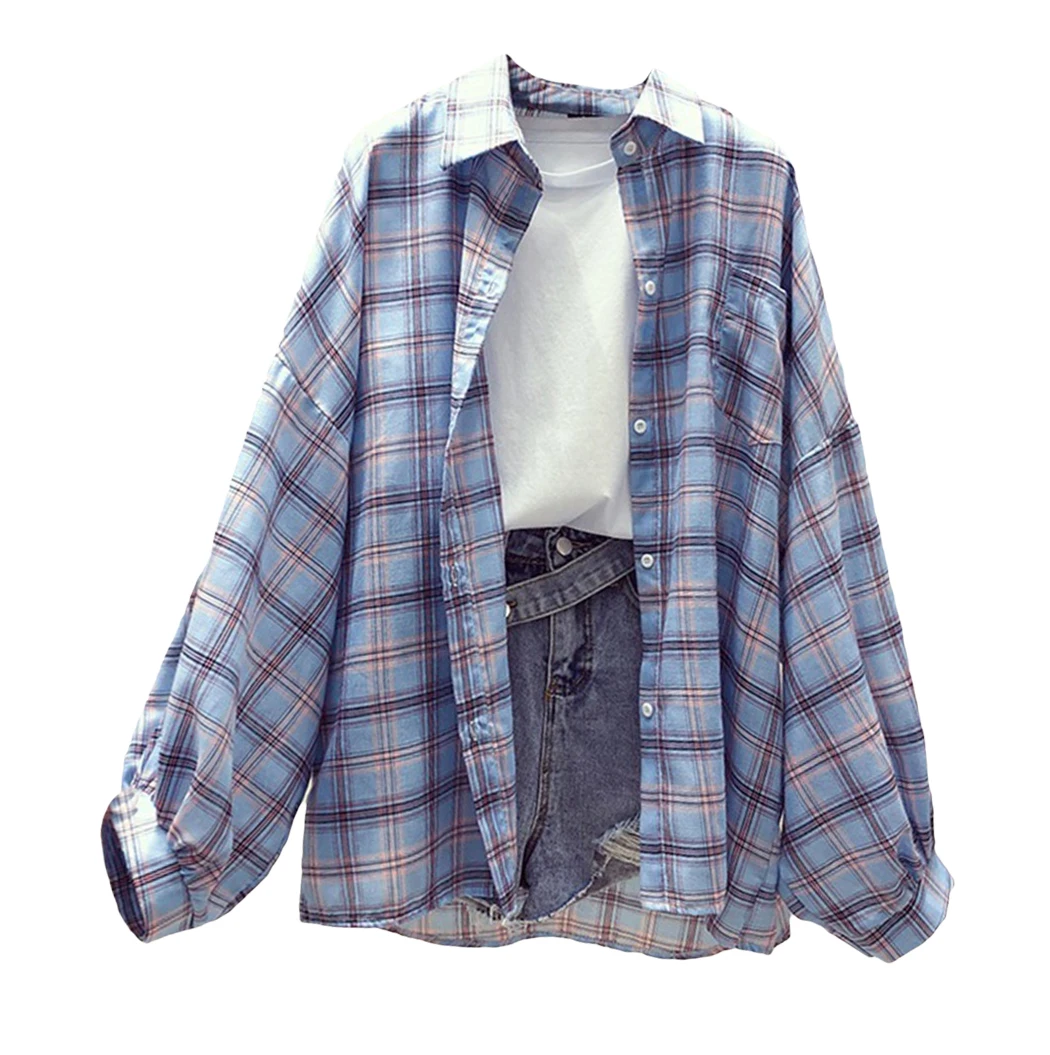 Мода 2019 Корейская верхняя одежда в стиле преппи свободное женская рубашка клетку