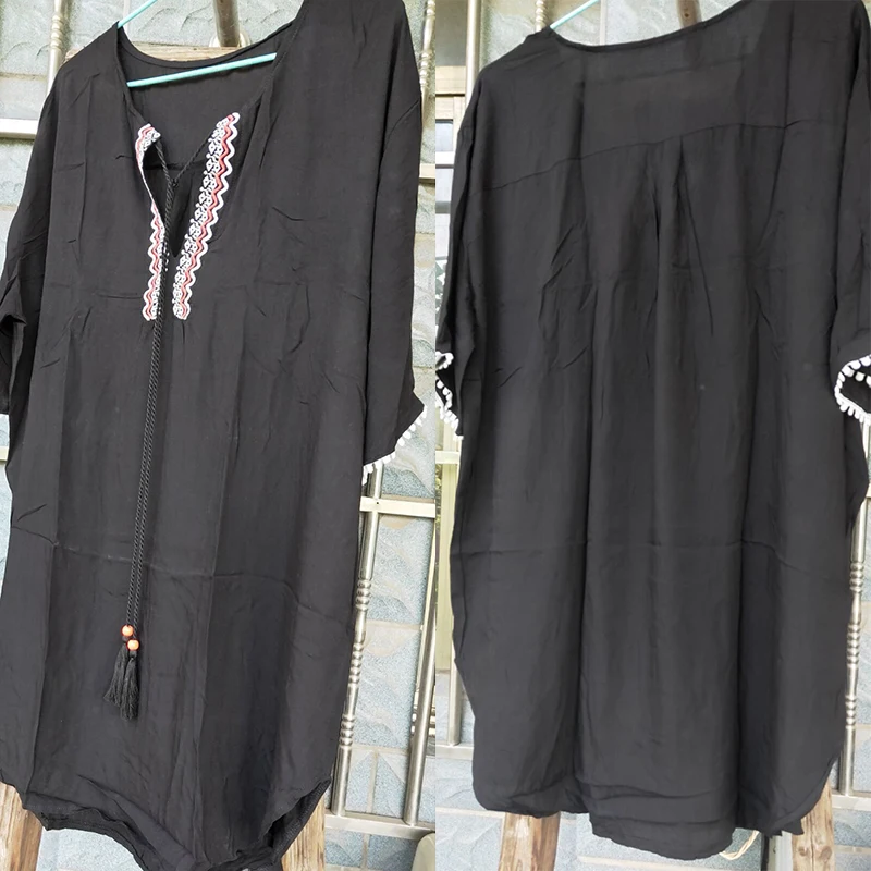 Черное мини платье с вышивкой туника для пляжа парео саронг круглым вырезом