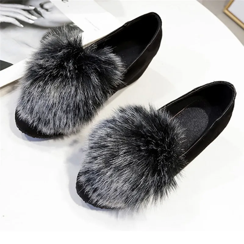 Модные женские меховые лоферы с кроличьим мехом бархатные туфли из флока удобные