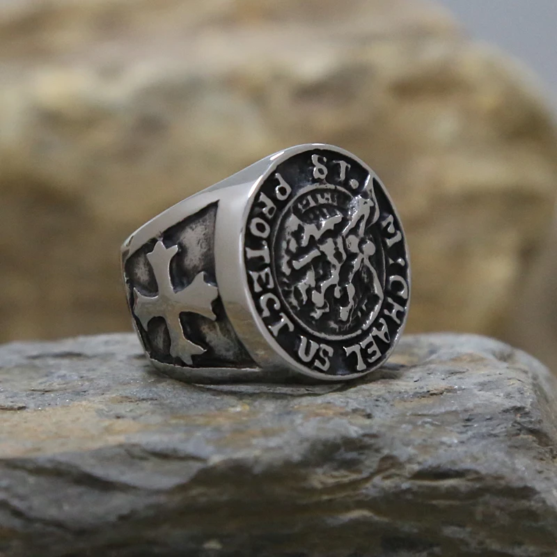 Мужское кольцо из нержавеющей стали с надписью Personality Cross St. Michael Good Lucky Talisman