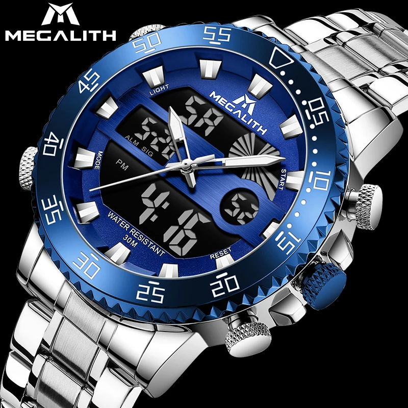 

MEGALITH Analog Quartz Military Watch New Men's Luxury Wristwatch Dual Display Watch Stainless Steel Strap Waterproof Male Clock