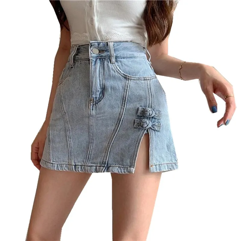 

Летние женские джинсовые юбки-трапеции в стиле Харадзюку, уличная одежда, Облегающая джинсовая юбка с высокой талией и Боковым Разрезом, Же...