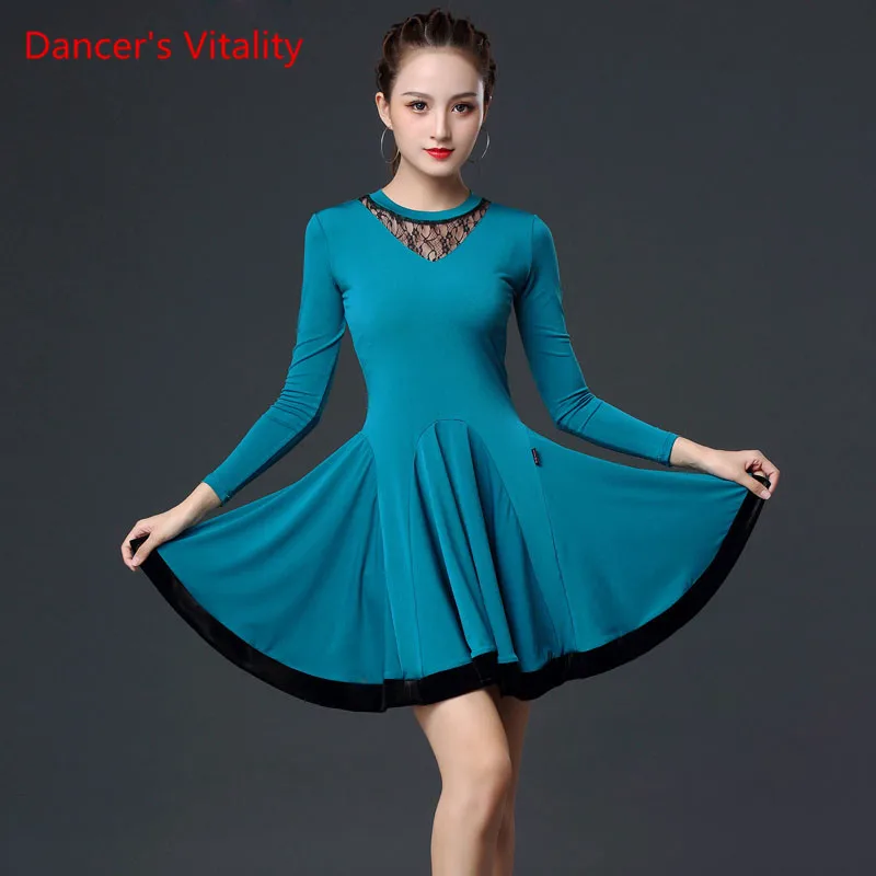 

Latin Dance Skirt New Female Adult Temperament Dress National Standard Ballroom Dancing Costume Practice Long Sleeves