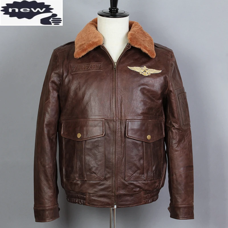Мужская куртка бомбер из натуральной воловьей кожи с меховым воротником|Мужские