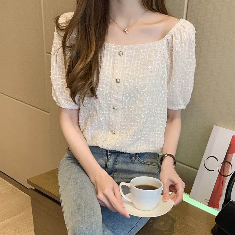 Женская рубашка с квадратным вырезом летняя в гонконгском ретро стиле