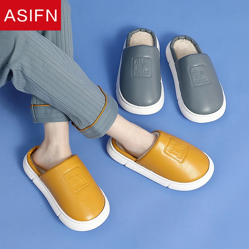 Тапки ASIFN из хлопка и ПУ для женщин водонепроницаемые зимние кожаные домашние