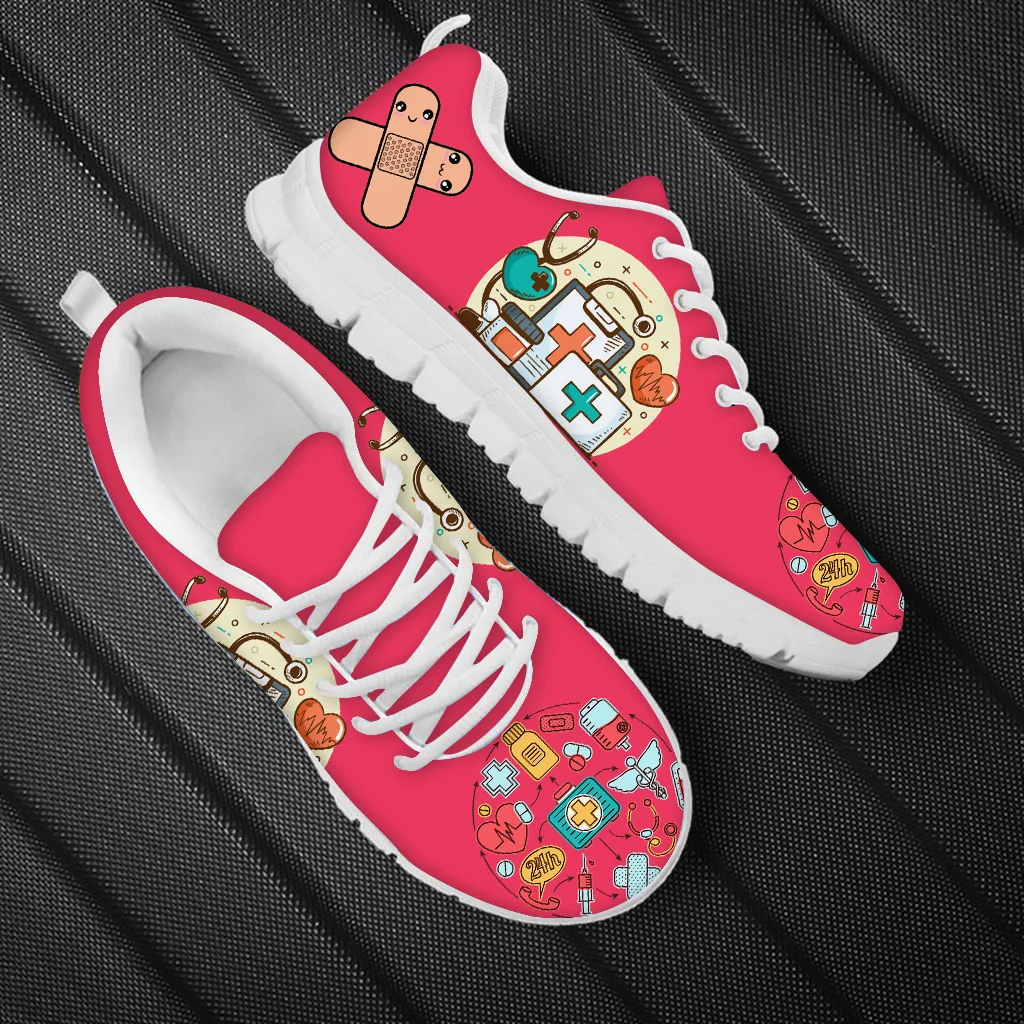 

Doginthehole Cute Pink Medical Flats Women Fashion Nurse Shoes Cartoon Nursing Tools Pattern Casual Outdoor Sneaker Lace-up