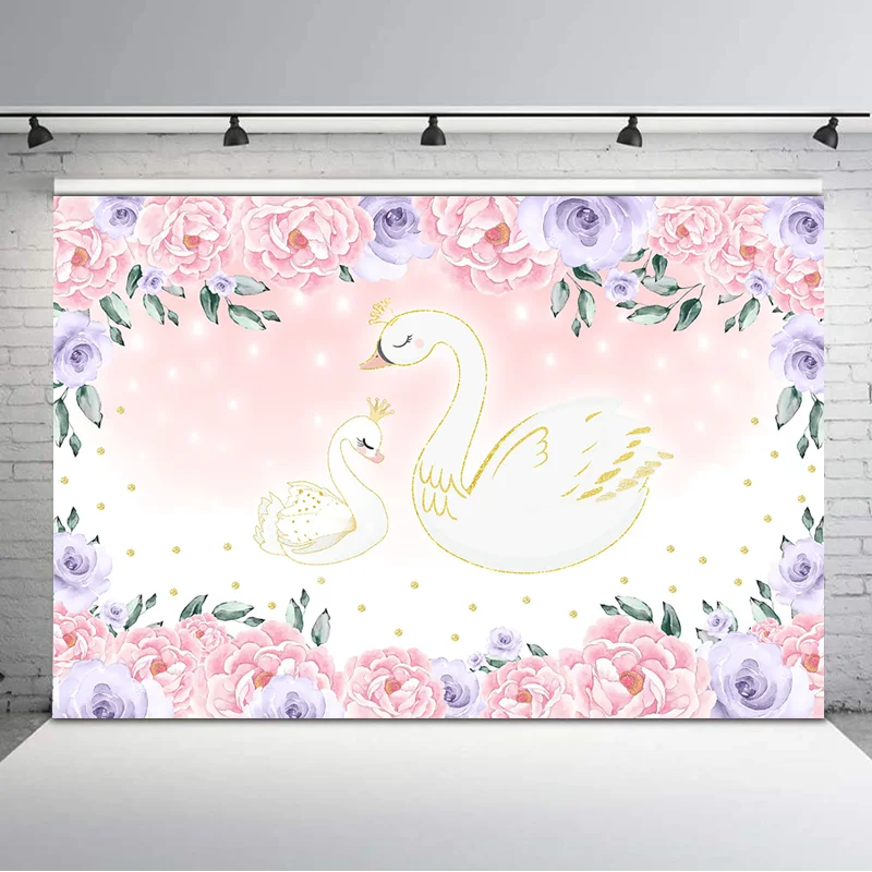 Фон для фотосъемки с изображением белого лебедя и светло розовых фиолетовых