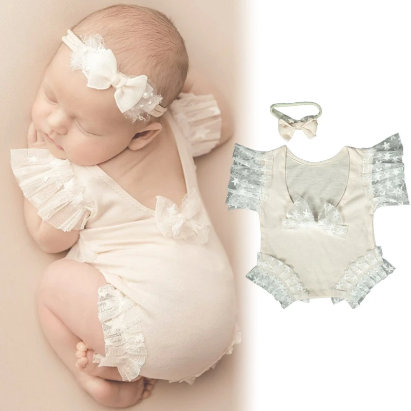 

2 Pcs Newborn Photography Props Outfits Baby Lace Romper Headband Set Infants Photo Shooting Bodysuit Jumpsuit Hair Band 2022