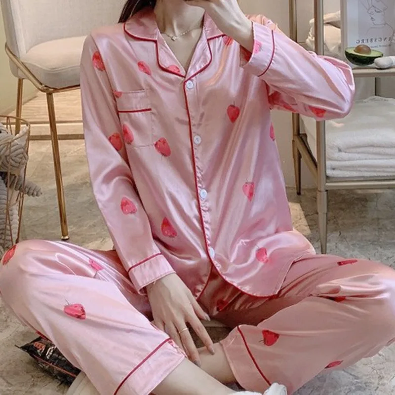 

Women Pajamas Set Sleepwear Spring Long Sleeve Mujer Pijamas Nuisette Sexy Lingerie Nightwear Silk Satin Pyjamas Pjs Suit 2Pcs