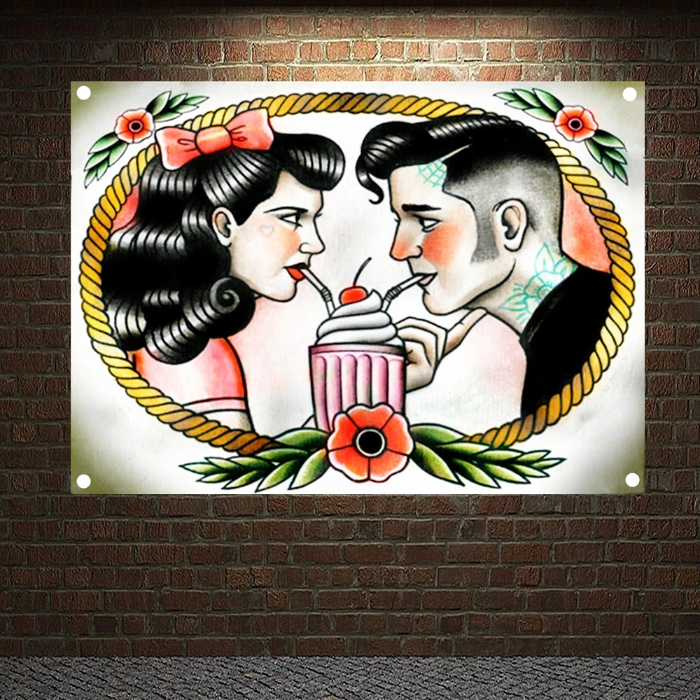 

Intimate couple Tattoo Banners Vintage Canvas Painting Retro Wall Art Print Posters Mural Hanging Flags 4 Gromments in Corners