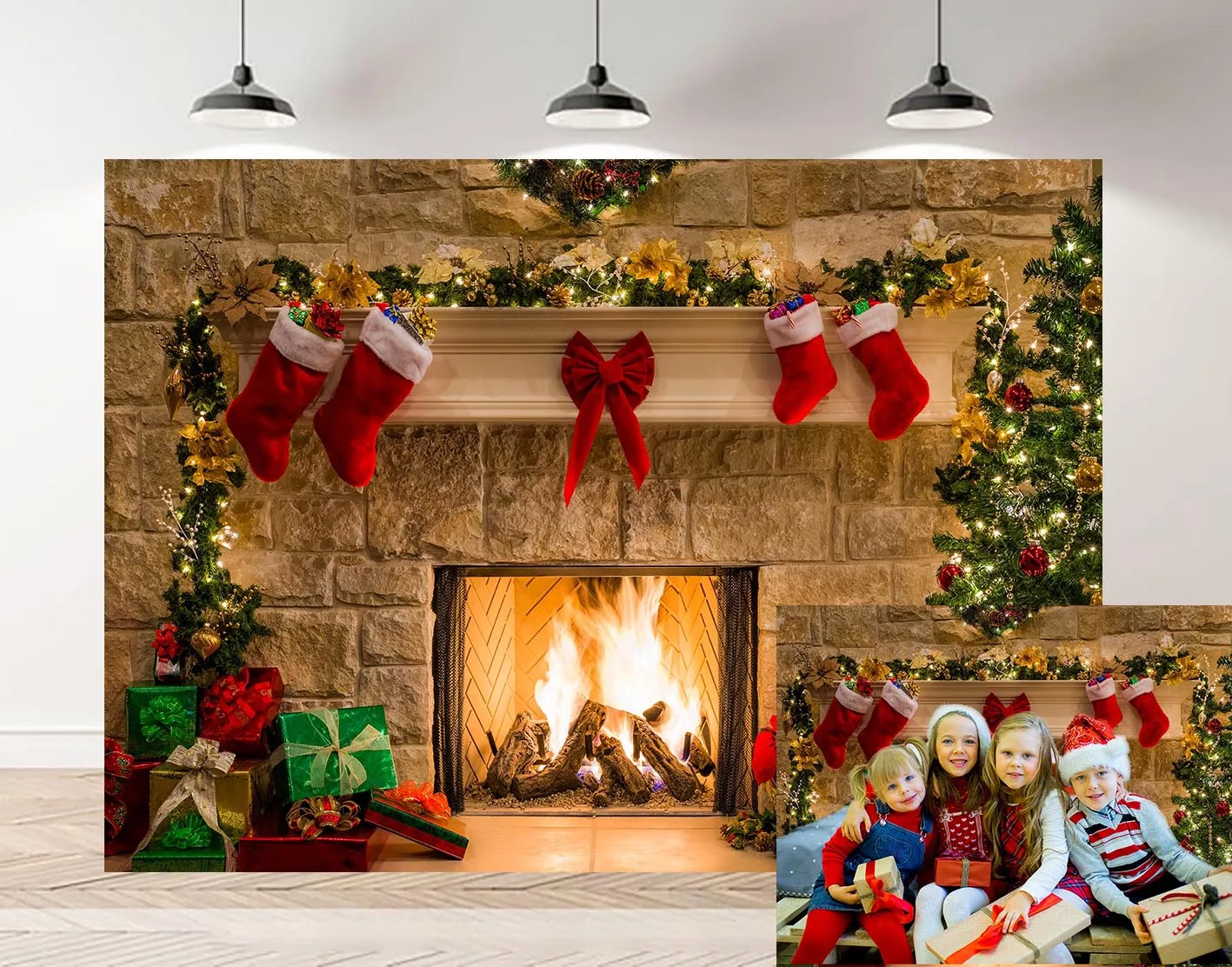 

Christmas Backdrop Christmas Themed Fireplace Backdrop Christmas Tree Sock Gift Decorations for Xmas Party Supplies