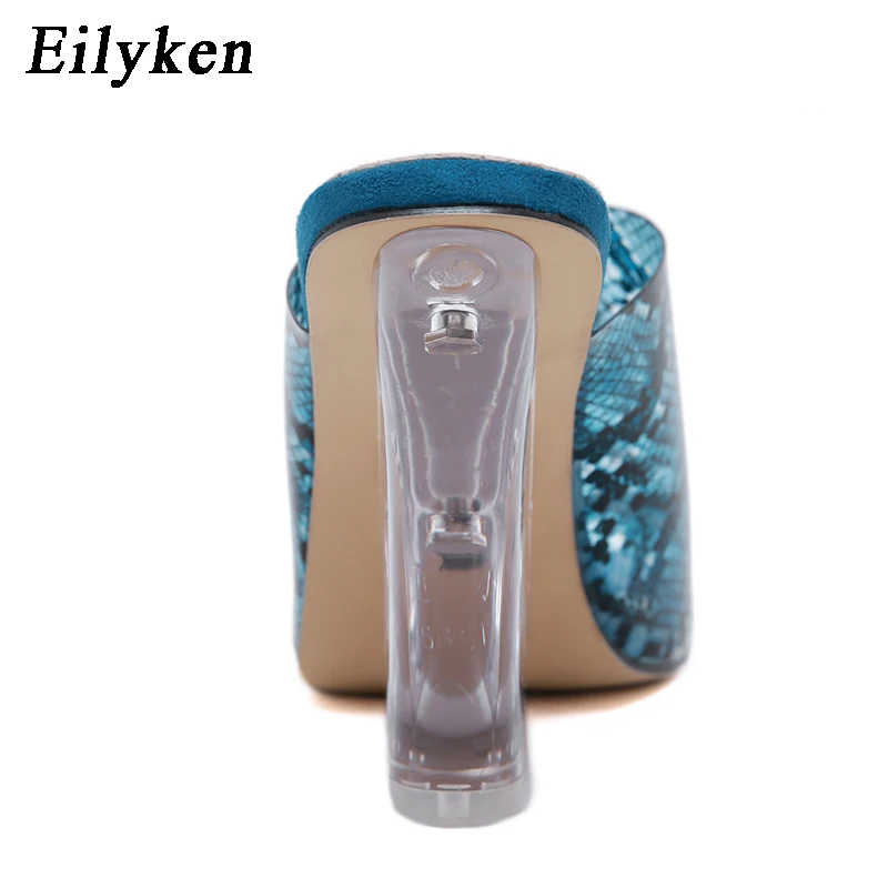 Eilyken/пикантные босоножки из змеиной кожи на высоком прозрачном каблуке; шлепанцы на танкетке с прозрачным каблуком; Размеры 35-40