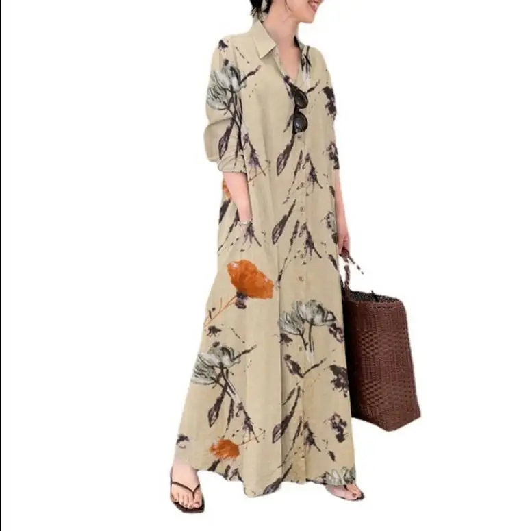 Для женщин Длинные рукава сарафан с цветочным рисунком отложным воротником