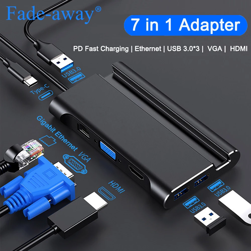 

USB C Laptop Docking Station Thunderbolt 3 HDMI VGA RJ45 PD Adapter with Phone Holder Stand for MacBook Pro Huawei P30 USB C HUB